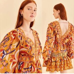 Farm Rio Yellow Palms Party Ruffle Blouse Tropical Print Boho Top M NWT Resort